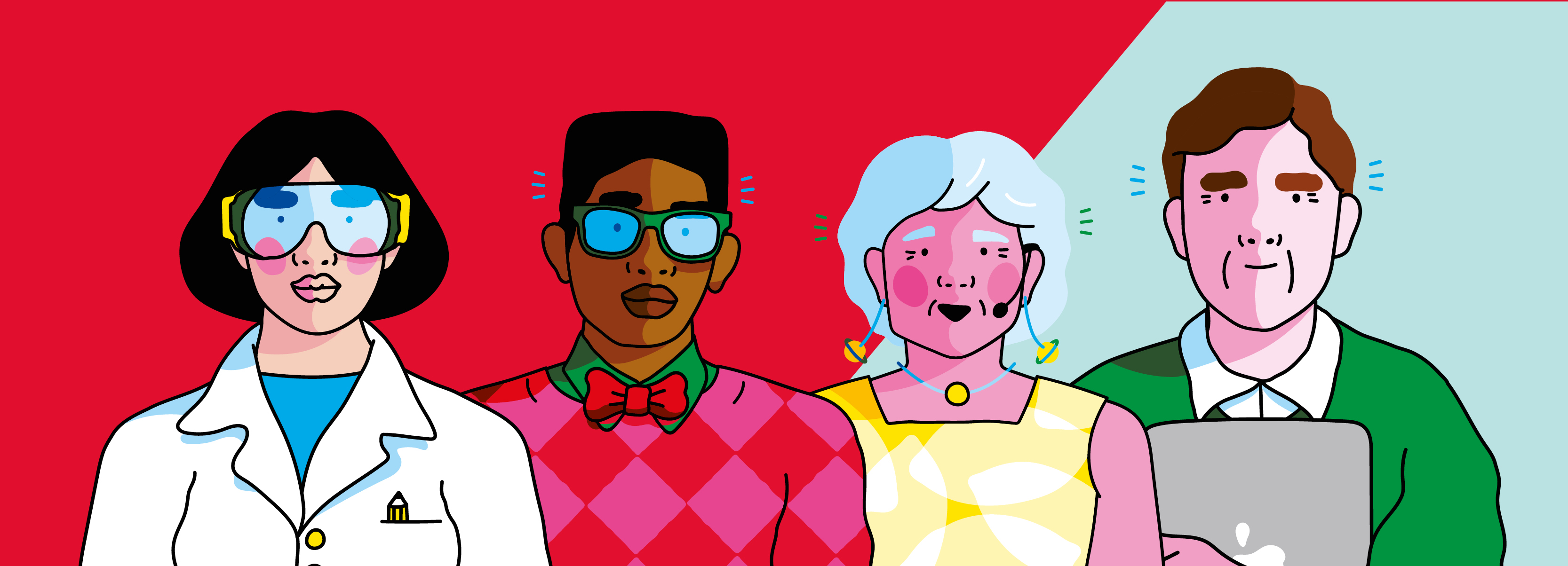 Illustration of four researchers in front of a red and blue background