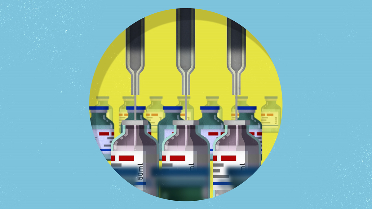 Illustration of vaccine bottles on a production line