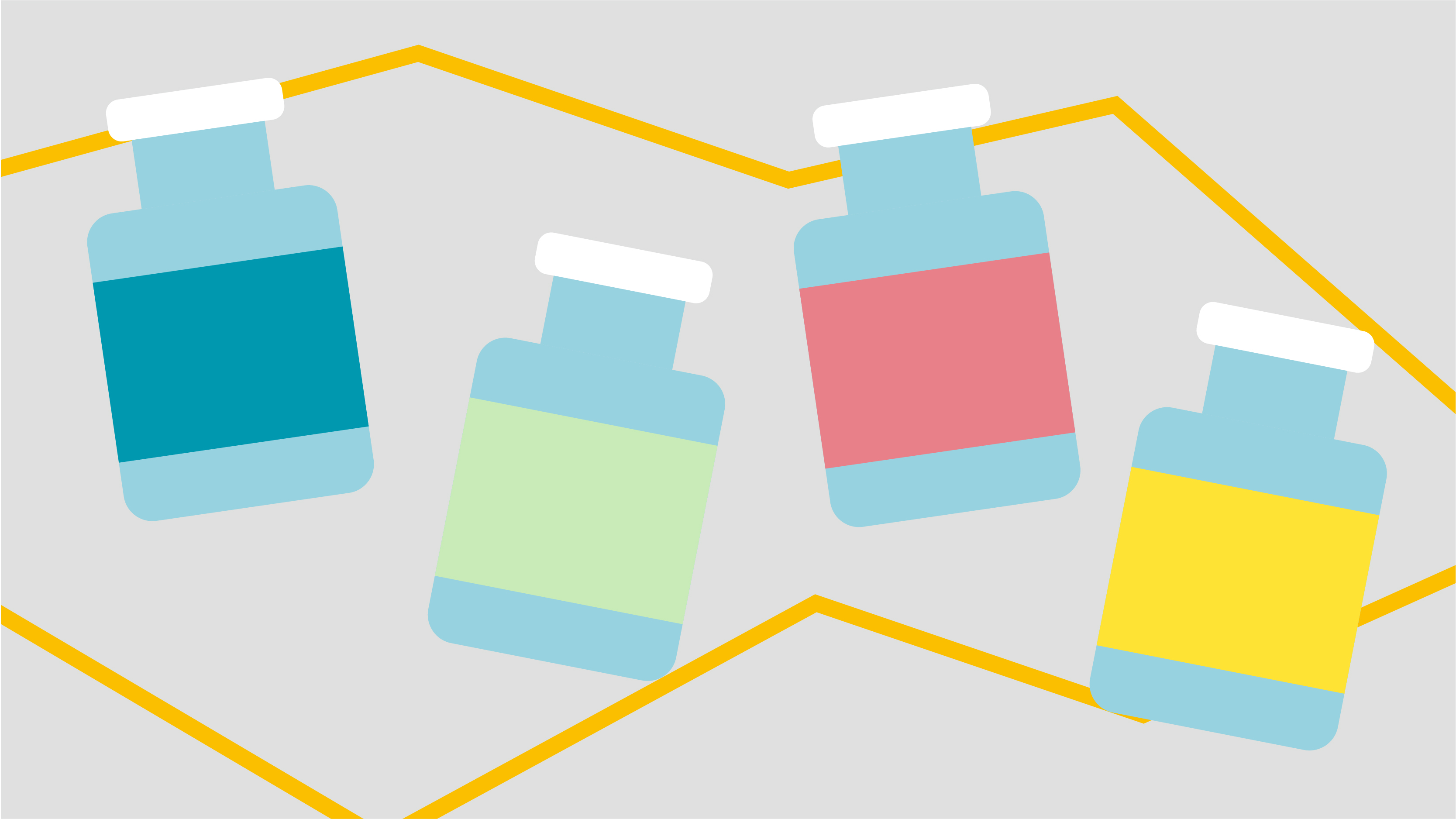 Four vaccine vials of different colours. Illustration.