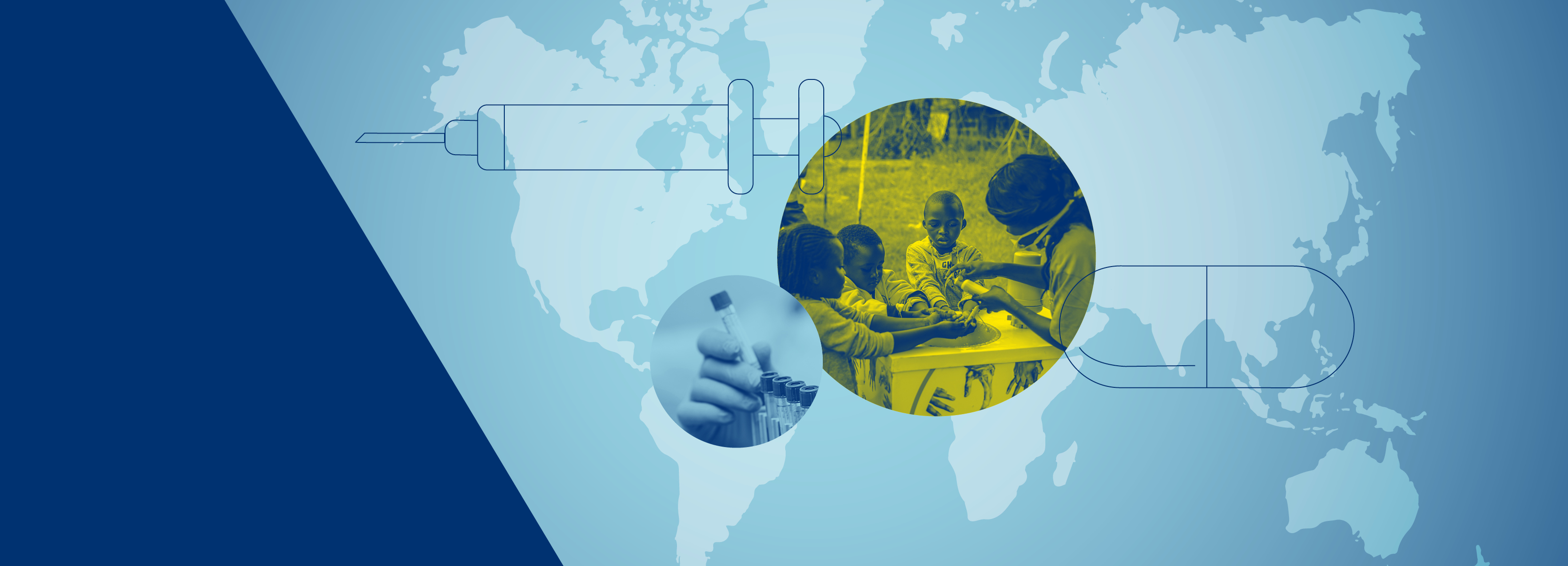 Graphic showing a map of the world, a hand holding a test tube and three children washing their hands