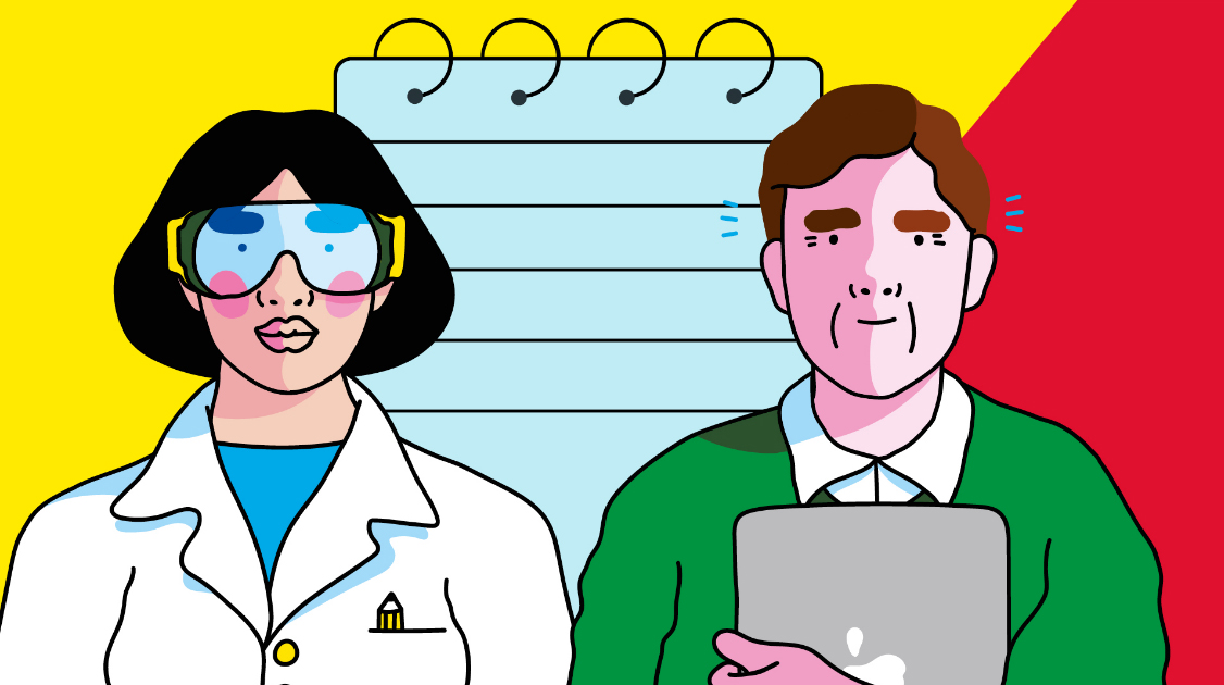 Illustration of a male and female researcher in front of a notepad on a yellow and red background.