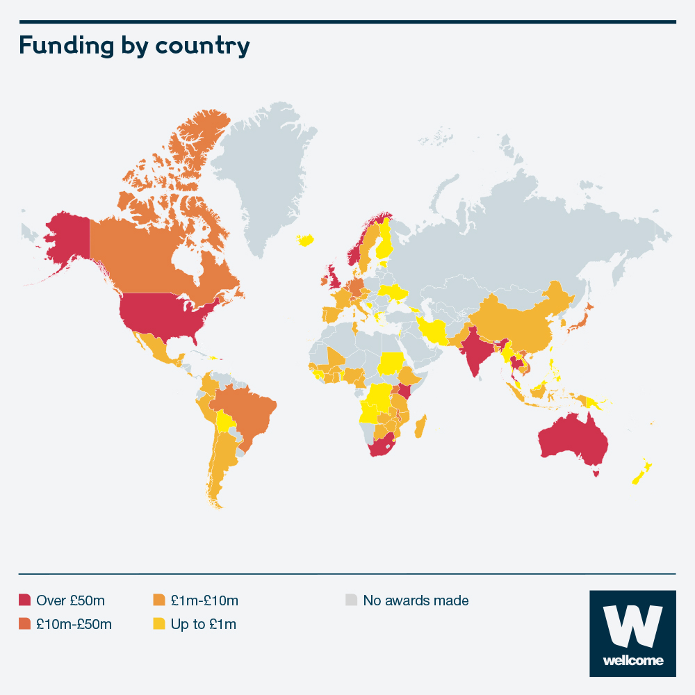 Grant funding data 2019-2020, map of funding by country.