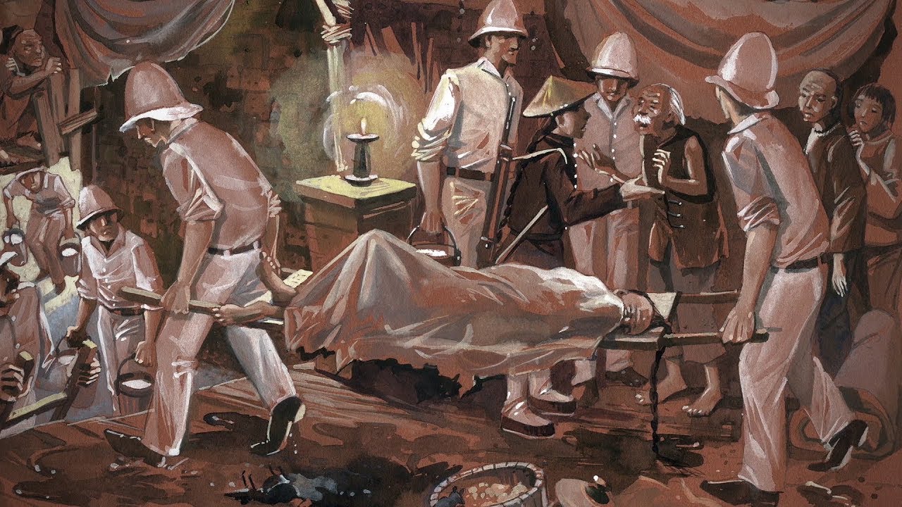 A painting of two men carrying a stretcher and on it a patient suffering from bubonic plague covered by a sheet.