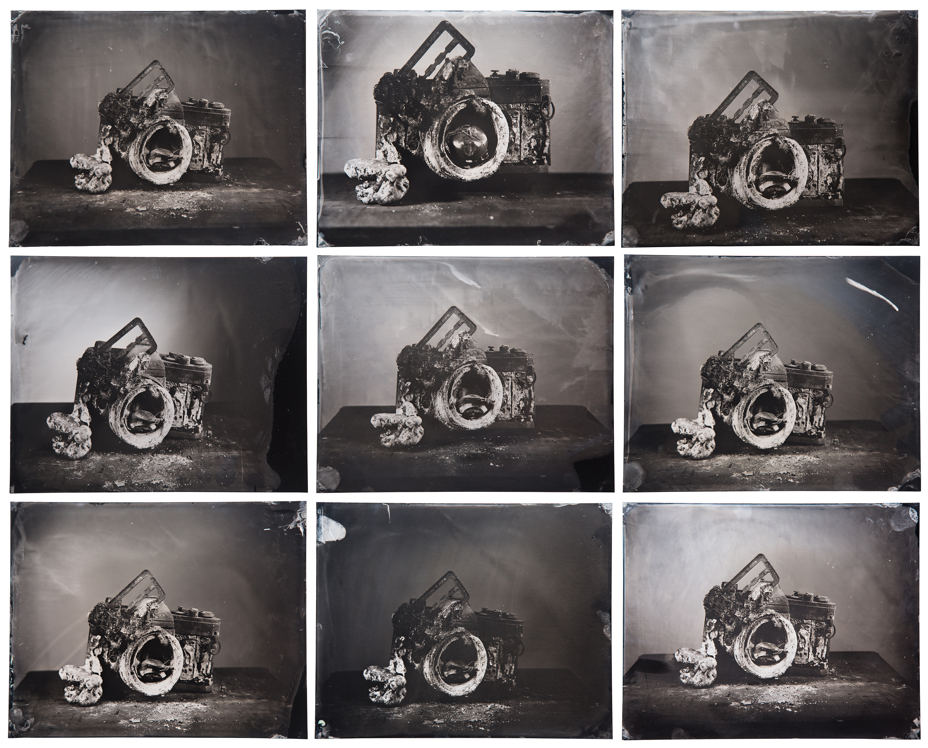 A series of photos of a burnt camera, damaged in a wildfire in California.