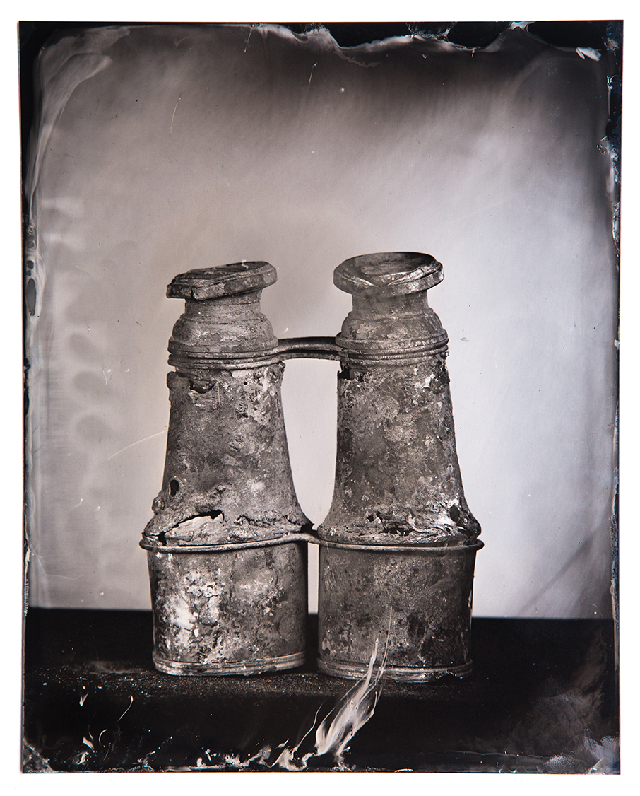Tintype of binoculars destroyed by a wildfire in California.