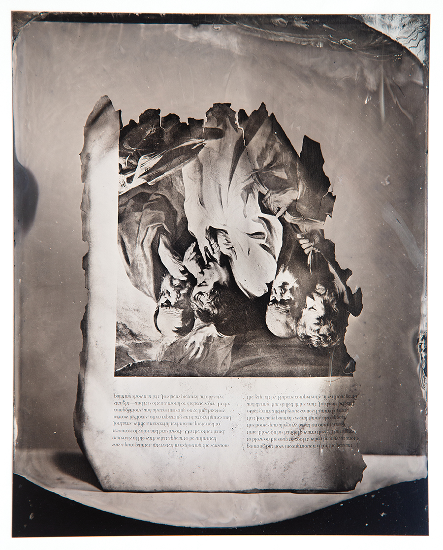 Tintype of a page of an art book burned in a wildfire in California.