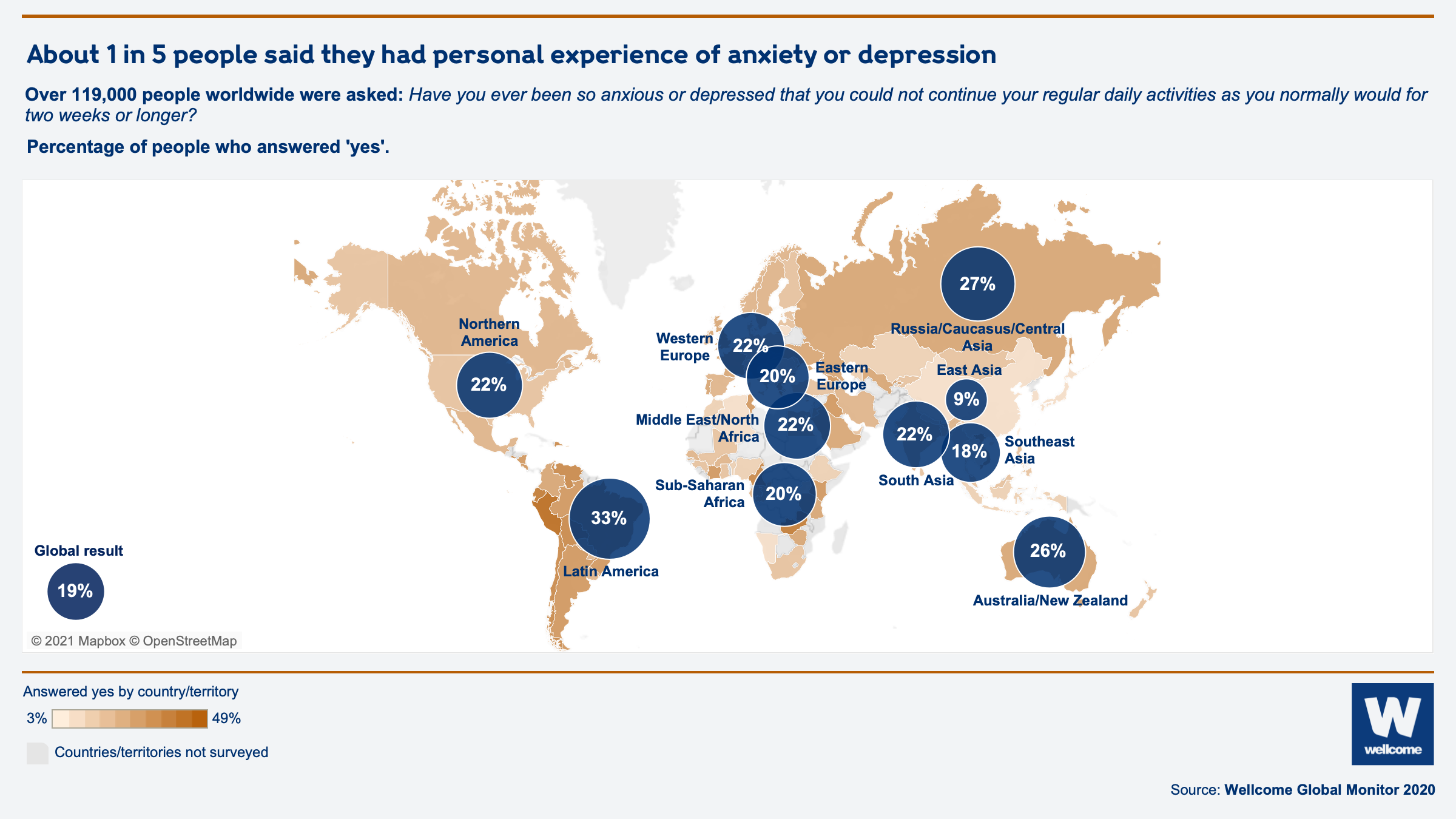 World map that shows that about 1 in 5 people had personal experience of anxiety or depression