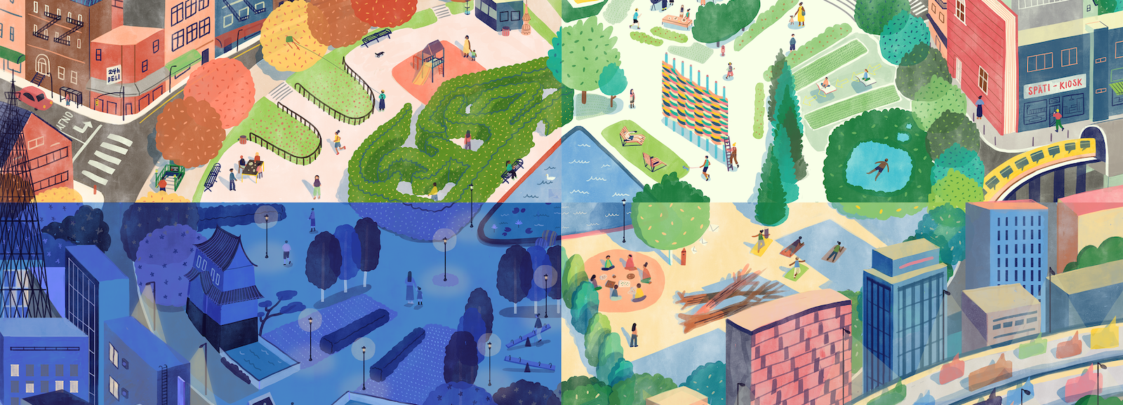 A colourful illustration depicts a friendly community park in the middle of a city. The image is split into four equal sections, each showing the scene during a different season. City buildings line the edges of a large circular park filled with trees, green spaces, ponds, playgrounds and meeting areas. People from all walks of life are using the park to meet friends, go for walks, picnics, yoga, swimming and reading. 
