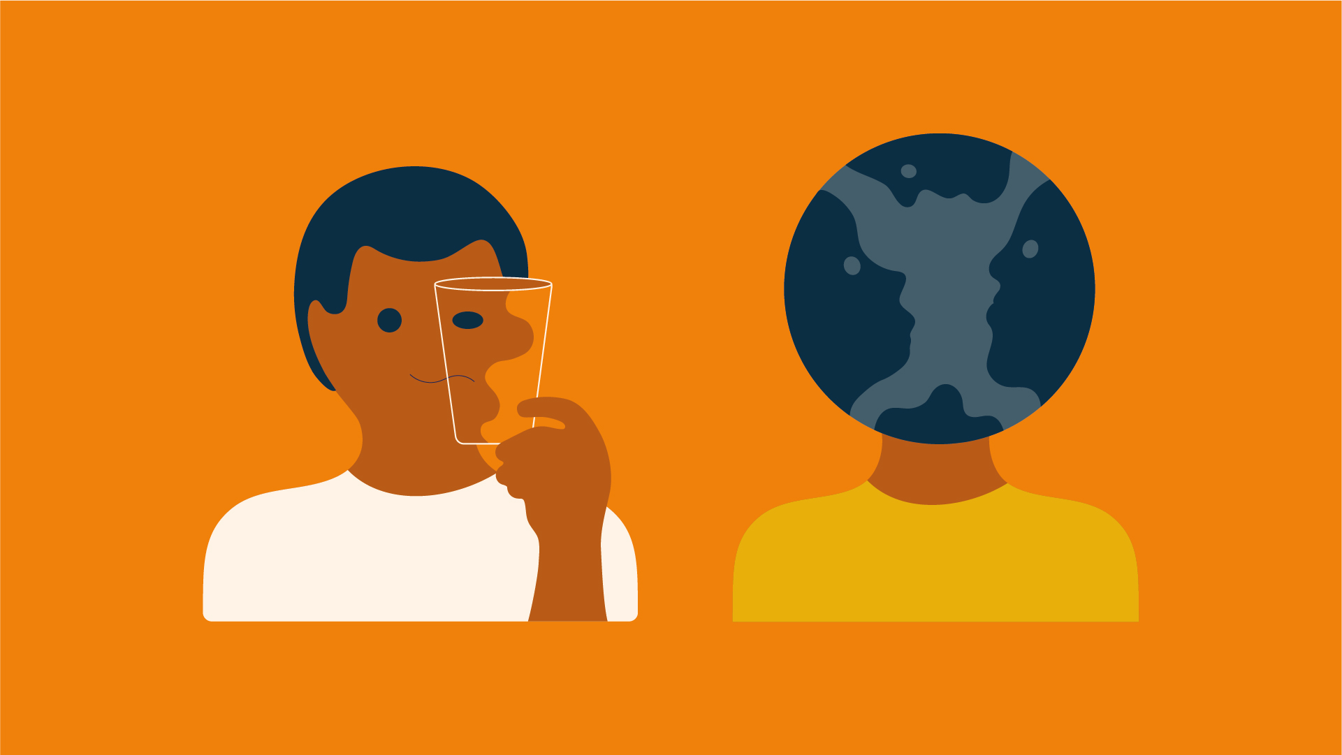 An illustration of two people in front of a yellow background. The person to the left is holding an empty glass in front of one half of their face. The person to the right has a globe on their neck, where their head should be. There are outlines of faces on the globe.