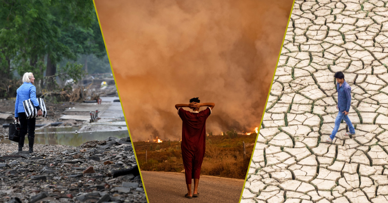 Three photographs stitched together to show the wide range of climate impacts that effect health. From left to right, a woman carried bags and tries to traverse a flooded area. A man looks on towards a brush fire. A man walks across a draught ridden plain. 