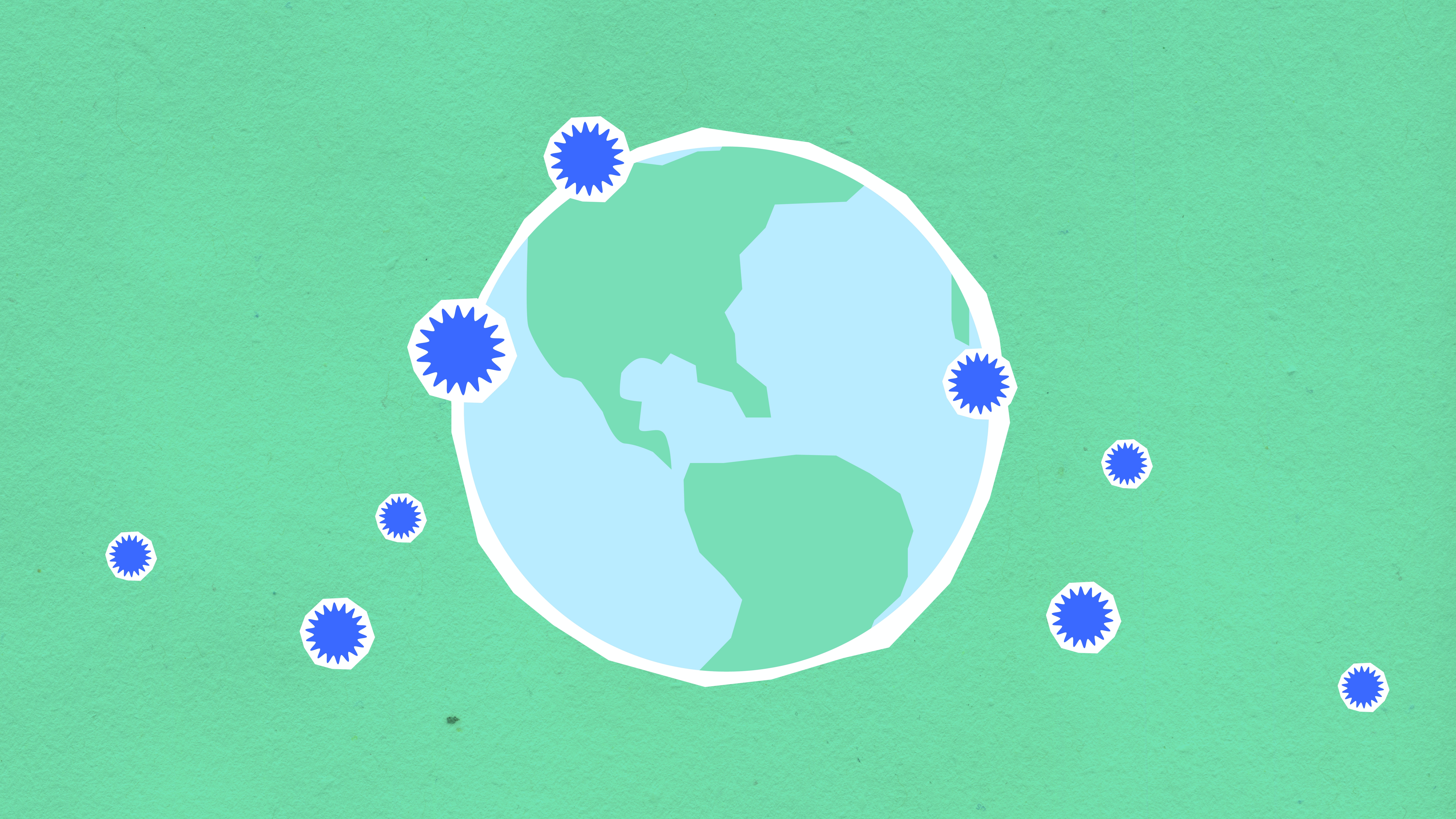 Illustration of the globe on a green background with blue virus-like dots around it.