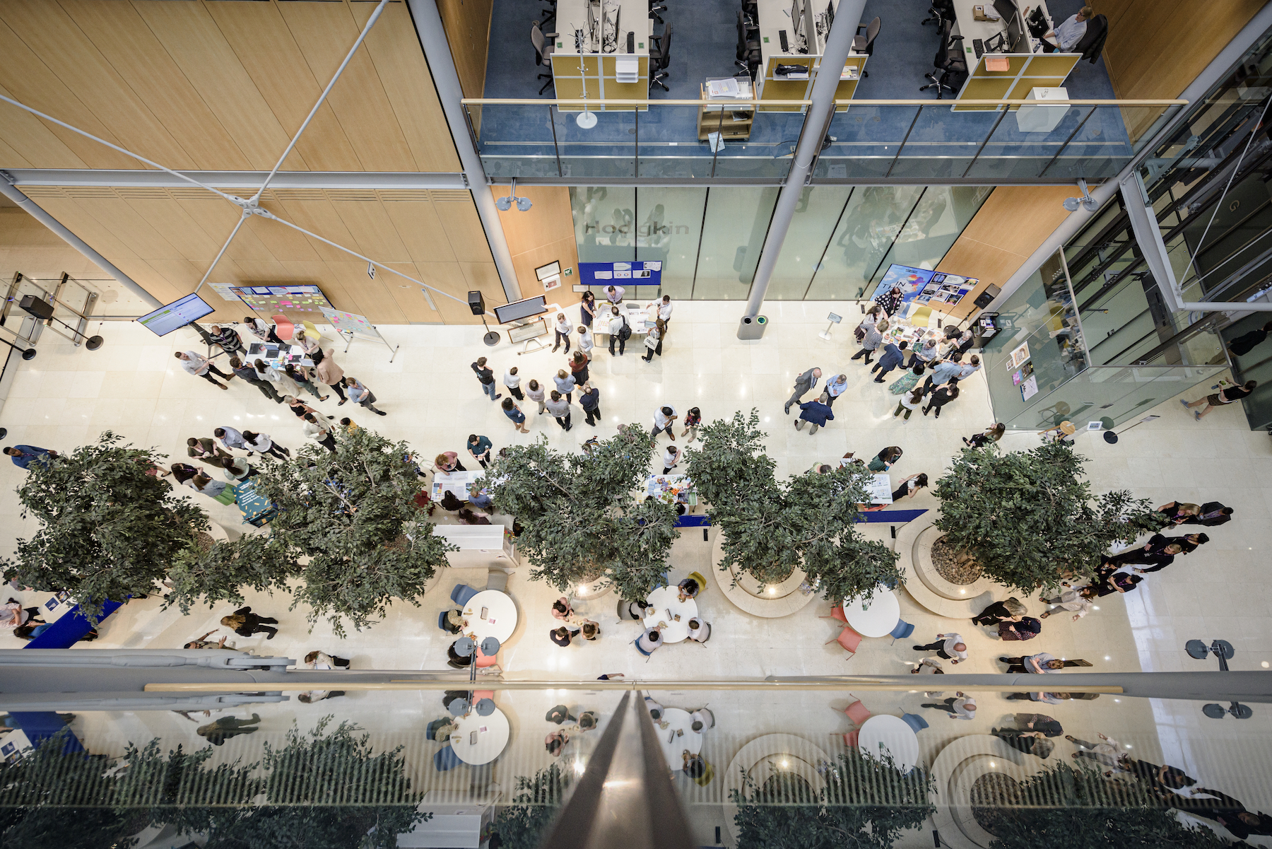 An aerial photo of the Wellcome entrance hall. Trees line the centre of a long atrium, people are gathered in small groups around information stands. It's bright and airy.