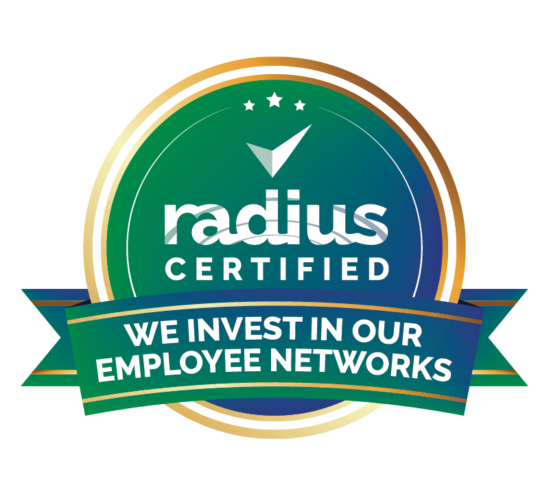 A blue and green logo reading: "radius certified - we invest in our employee networks"