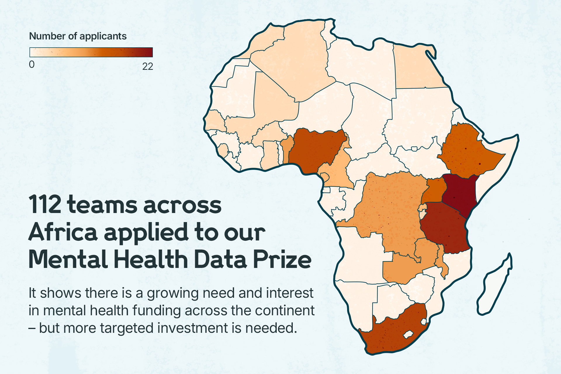 Map showing number of application to the Mental Health Data Prize across Africa. Text reads: 112 teams across Africa applied to our Mental Health Data Prize. It shows there is a growing need and interest in mental health funding across the continent – but more targeted investment is needed.