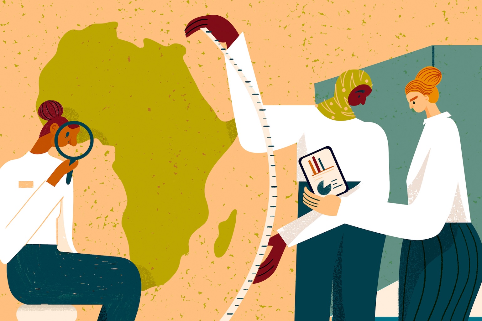 Illustration of three women standing in front of a map of Africa. One is holding a magnifying glass, one is holding a measuring tape and one is holding a tablet displaying charts.