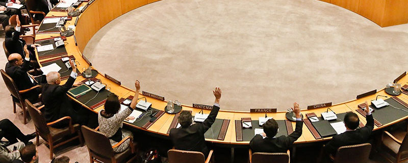 Legislators at the UN voting on an issue