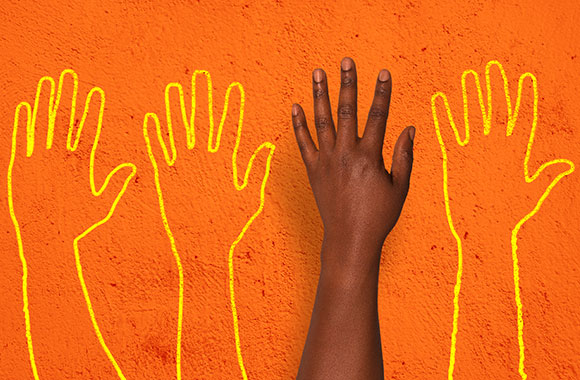 Hand and hand outlines on a bright orange background