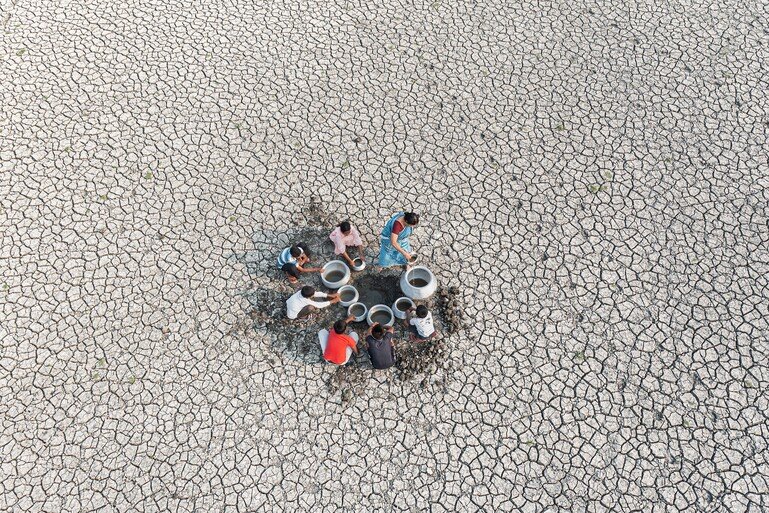 A group of 7 gather to collect drinking from a dried river bed