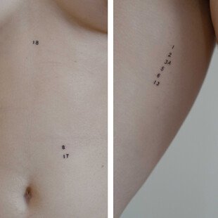 Two images of numbers tattooed on the photographer's upper body, next to a corresponding index listing each medical treatment