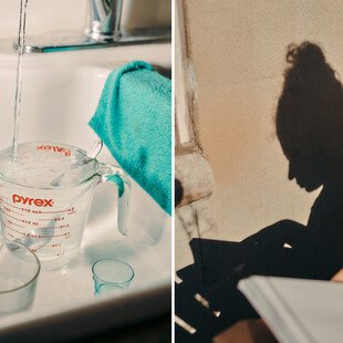 Two images showing water pouring through a sink, and a shadow of a person reading 