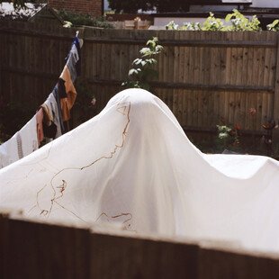 A boy underneath a bed sheet in his garden