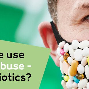 Man wearing a mask made of pills and text saying: do we use or abuse antibiotics. 