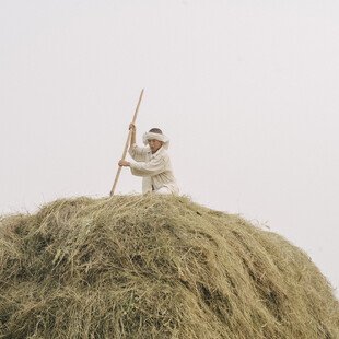 A man crouches on top of a big pile of hay. He holds a pitchfork in both hands and looks down concentrating on his work.