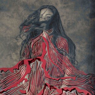 A woman with long black hair with red patterns overlaid flow to the ground.