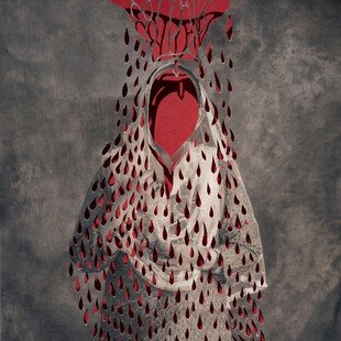 A woman stands against a grey background with face obscured by a red circle and smaller red shapes covering her body.