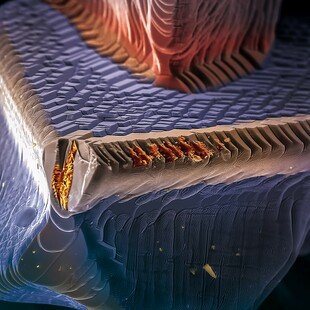 One of the winning images for the 2014 Wellcome Image Awards. Scanning electron micrograph of a semiconductor used to make thin-film solar panels by Eberhardt Josué Friedrich Kernahan and Enrique Rodríguez Cañas.