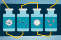 Illustration of four medical jars lined up horizontally. Within the jars lies drawings of viruses and dna.