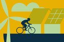 Illustration of climate mitigation examples, including a wind turbine, solar panels and a person cycling.