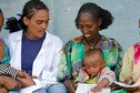 Three mothers and their babies sitting on a step with a health worker in Ethiopia. The babies have just been weighed to monitor their growth.