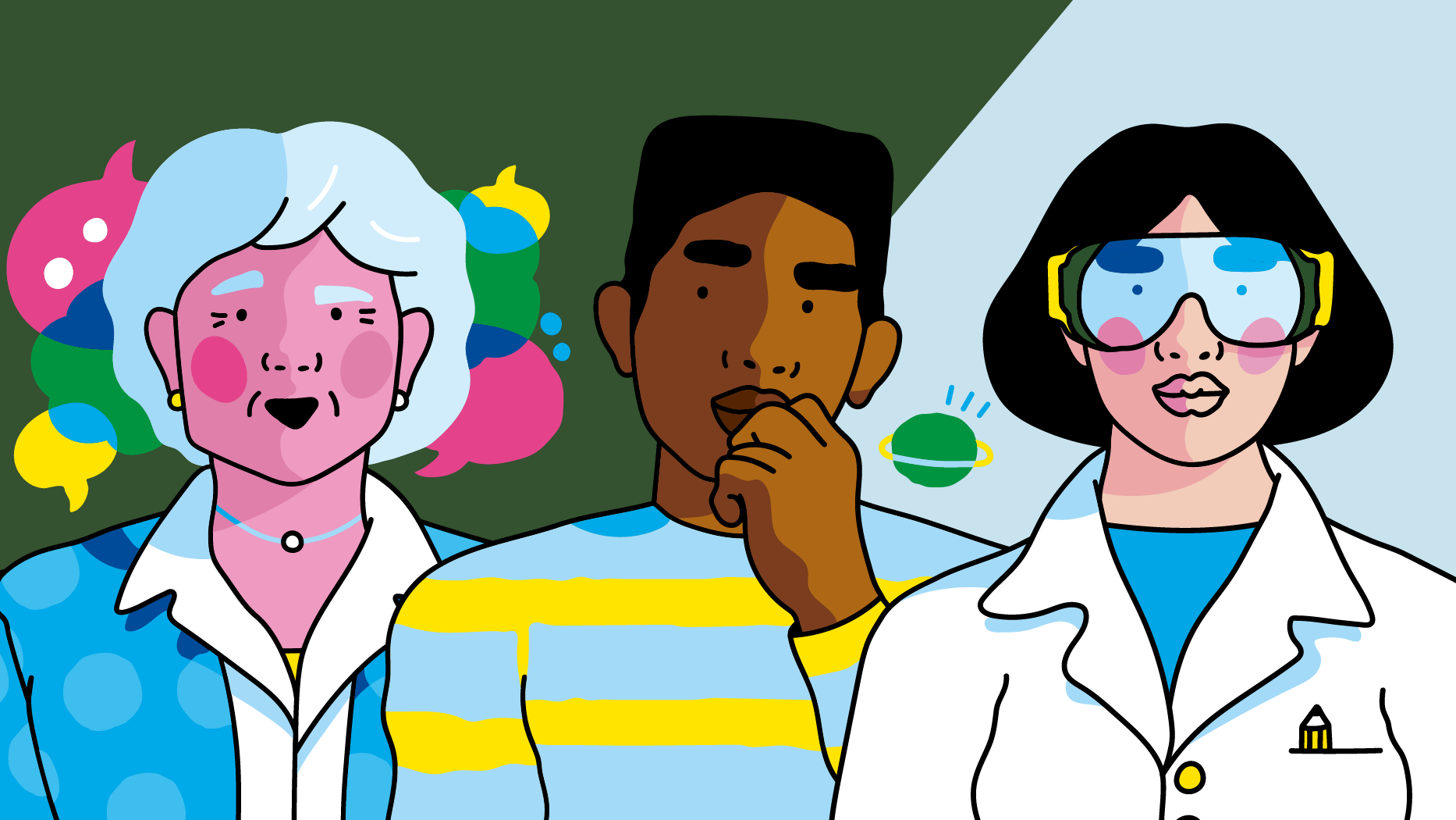 Illustration of a three researchers in front of a green and blue background. 