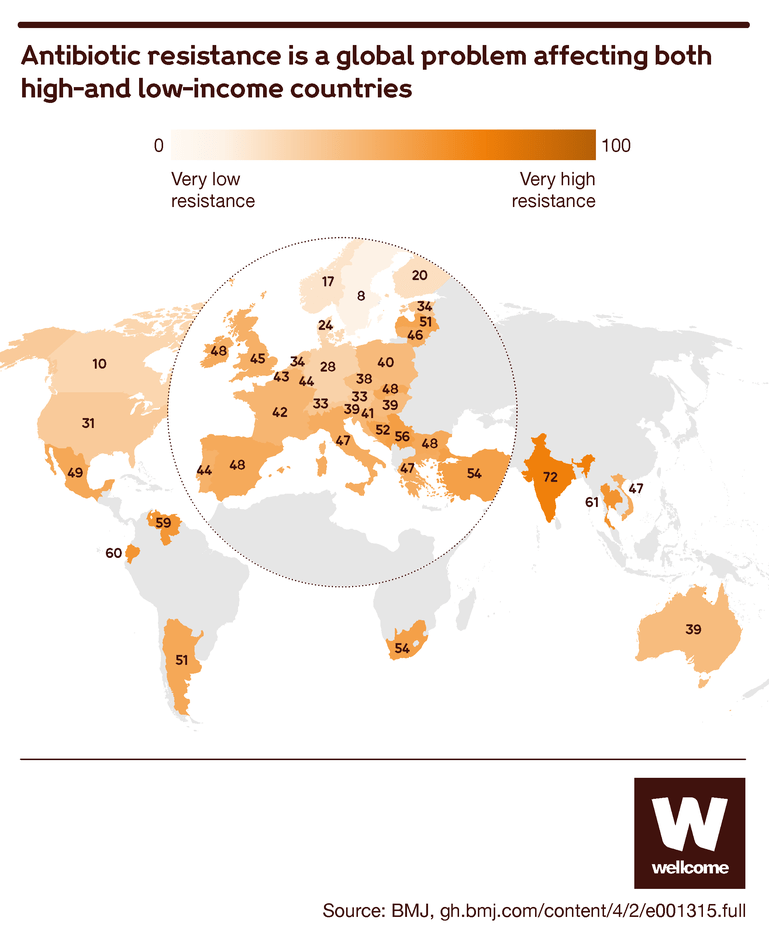 Map showing global levels of antibiotic resistance.