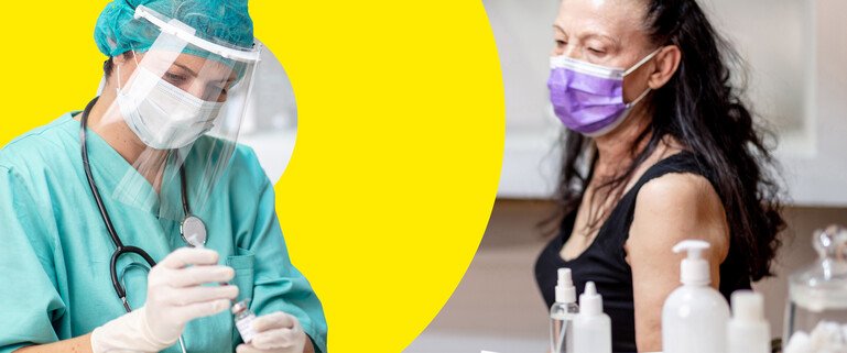 Female doctor in protective workwear putting syringe into vaccine vial to vaccinate senior female patient in protective face mask. Composite image.