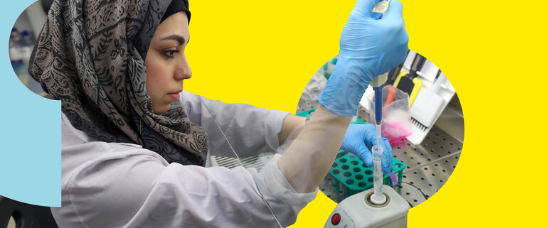 A researcher working with biomaterial in a lab. Composite image.
