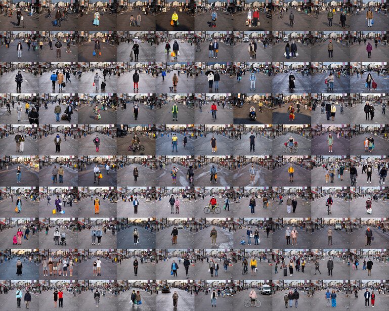 A grid of 100 portraits taken of masked pedestrians on London's Ridley Road.