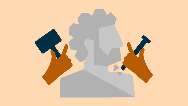 Illustration of two hands carving out a male head from stone on an orange background.