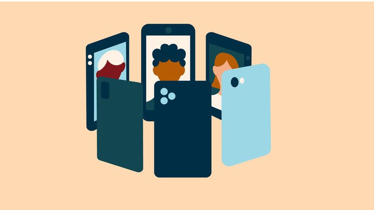 Illustration of a circle of phones facing inwards with people on the screens.