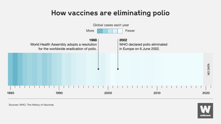 Timeline showing how vaccines have helped to reduce the global cases of polio each year.