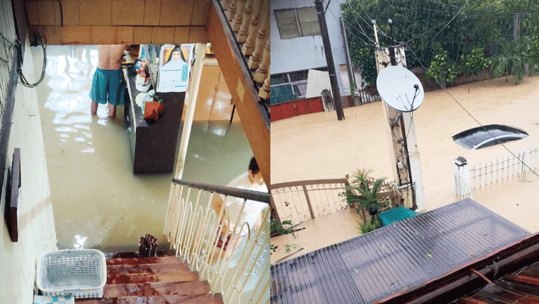On the left is an image of floodwater inside a house. A flooded street, with a car nearly fully submerged, is seen on another image on the right.