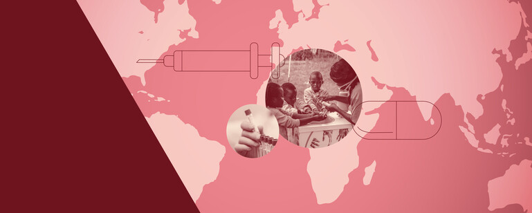 An image of children washing their hands alongside an image of vaccines are superimposed on a flat world map in a red colour scheme. Icons of a pill and an injection are also seen.
