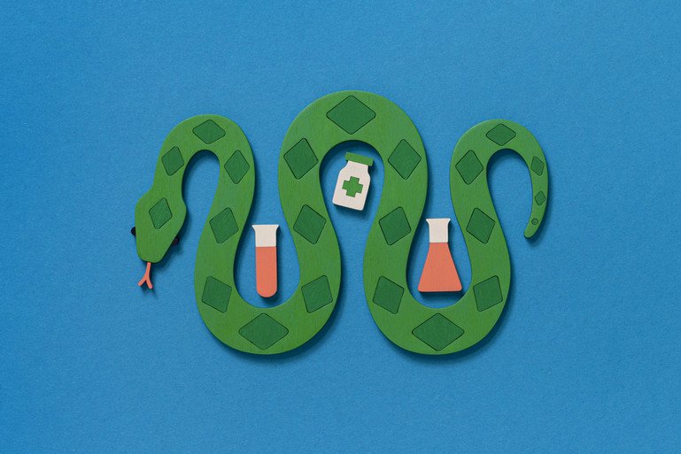 Green cartoon snake on a blue background with three illustrated medicinal symbols around it
