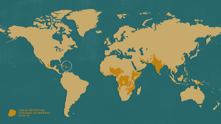 A flat map of the world showing areas reporting cholera outbreaks from 2010 to 2013.