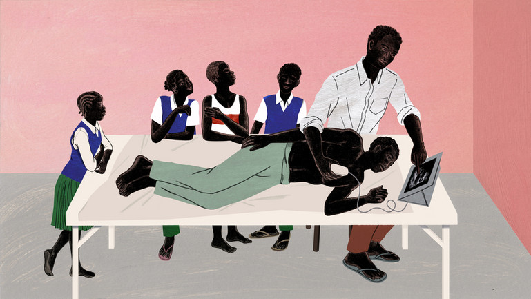 Illustration by Aude Van Ryn at Heart Agency of school children in school setting watching a boy get screened for heart damage