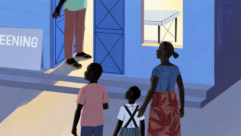Illustration by Aude Van Ryn at Heart Agency of family arriving at Strep A clinic screening in the dark