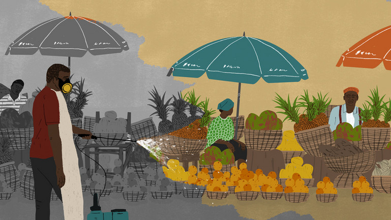 Illustration of a man spraying fog at a market. Vendors sit watching their market stalls with produce. The whole image is part black and white and part full colour.