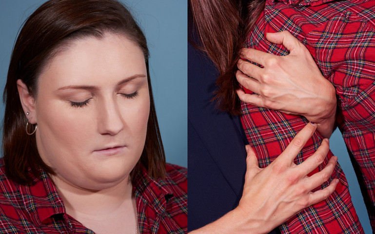 Lucy, a woman in a tarten shirt, sleeps sitting up right. A second picture shows a close up of another woman gripping Lucy's arm to hold her up as she sleeps.
