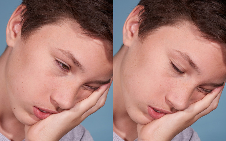 Two pictures of a young boy show him falling asleep, his hand propping up his sleeping head.